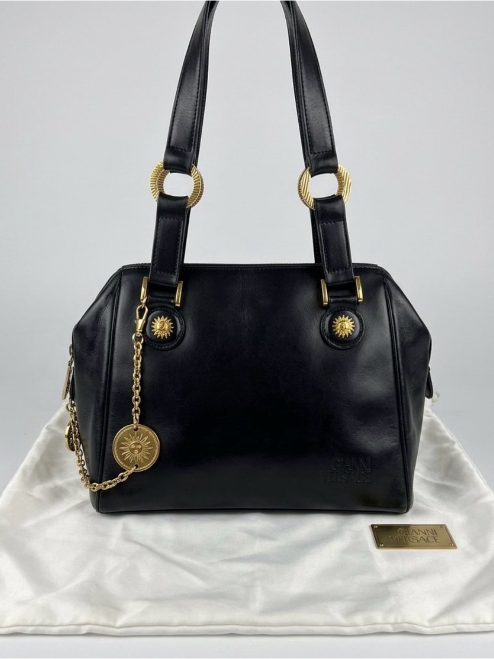 ✨ Vintage Gianni Versace Black Leather Shoulder Bag – Sunburst Gold Hardware ✨
